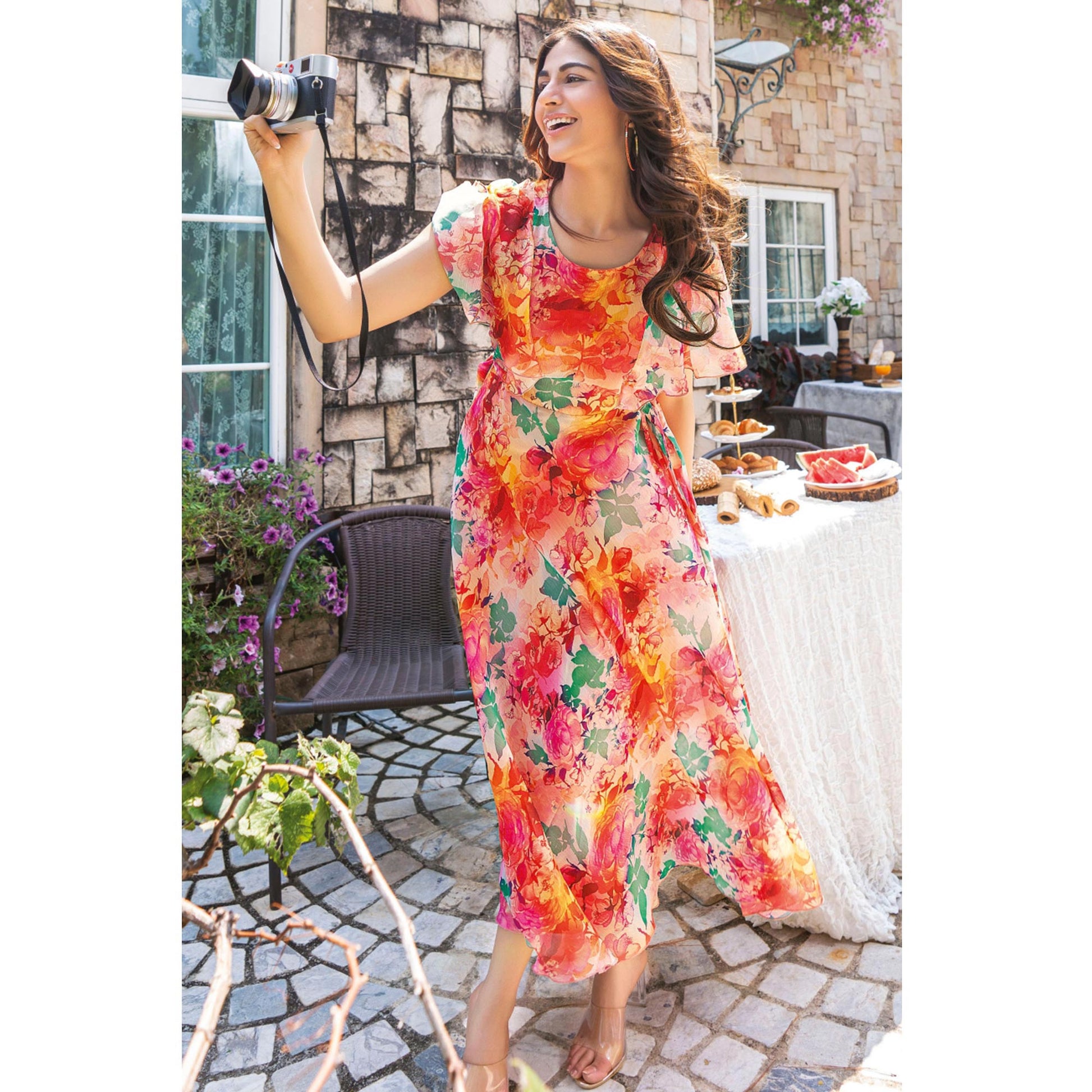 Multicolor Digital Floral Printed Chiffon Dress