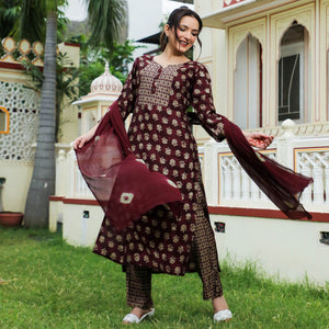 Maroon Floral Foil Printed Modal Suit