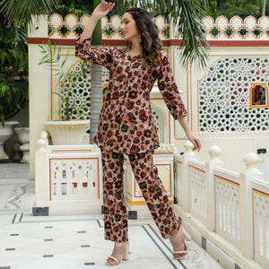 Maroon Floral Foil Printed Chanderi Co Ord Set