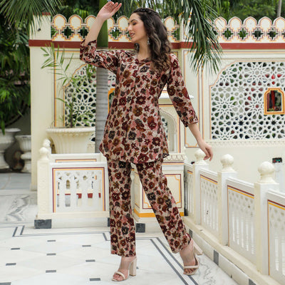 Maroon Floral Foil Printed Chanderi Co Ord Set