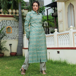 green-foil-printed-chanderi-kurti-pant-set