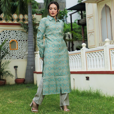 green-foil-printed-chanderi-kurti-pant-set