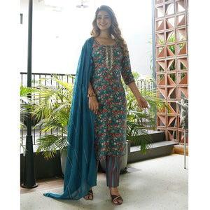 Blue Straight Chanderi Silk Suit With Handcrafted & Foil Print