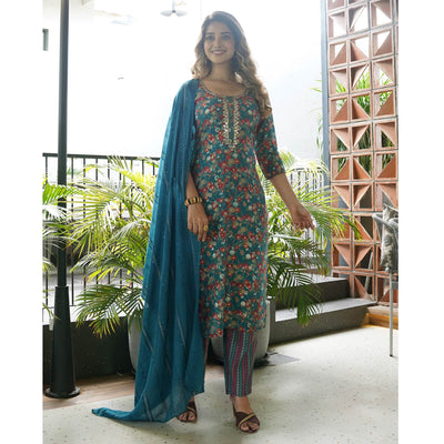 Blue Straight Chanderi Silk Suit With Handcrafted & Foil Print