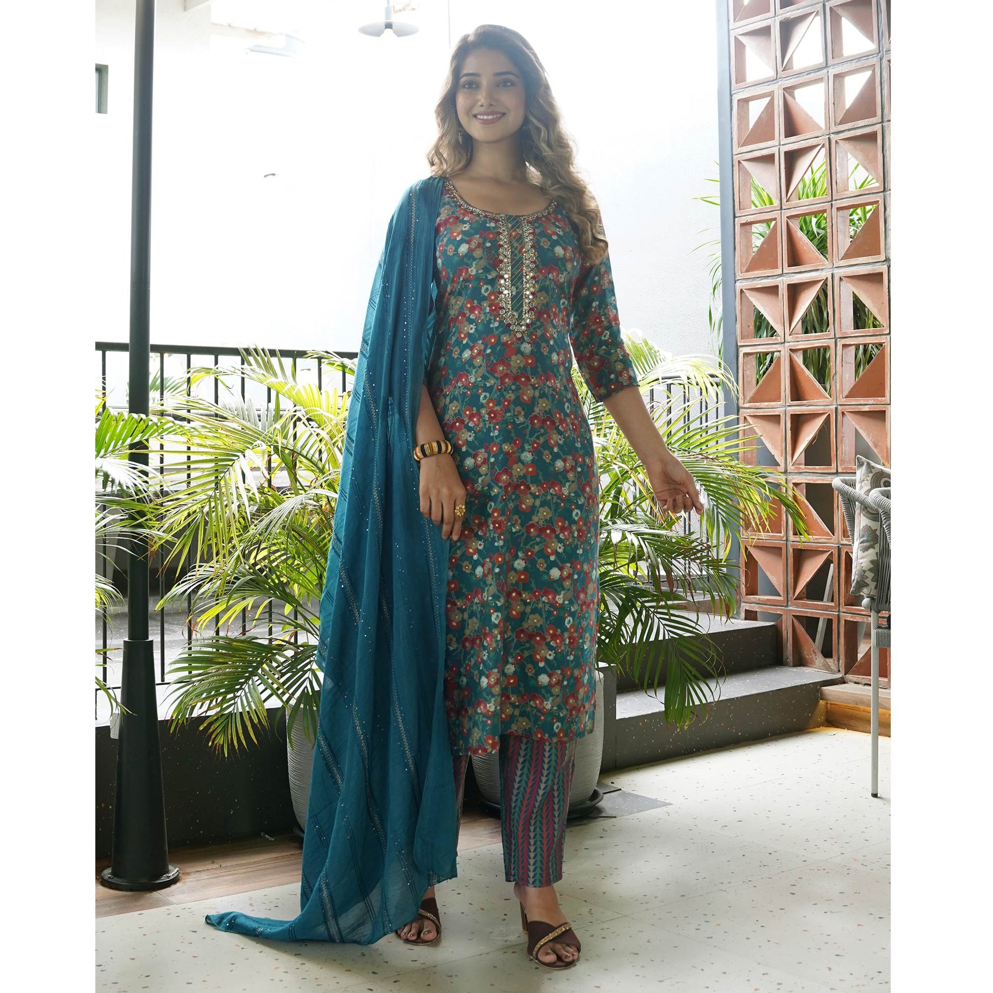 Blue Straight Chanderi Silk Suit With Handcrafted & Foil Print