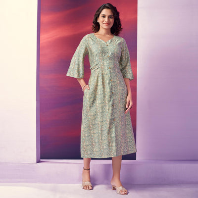 green-floral-foil-printed-chanderi-silk-dress