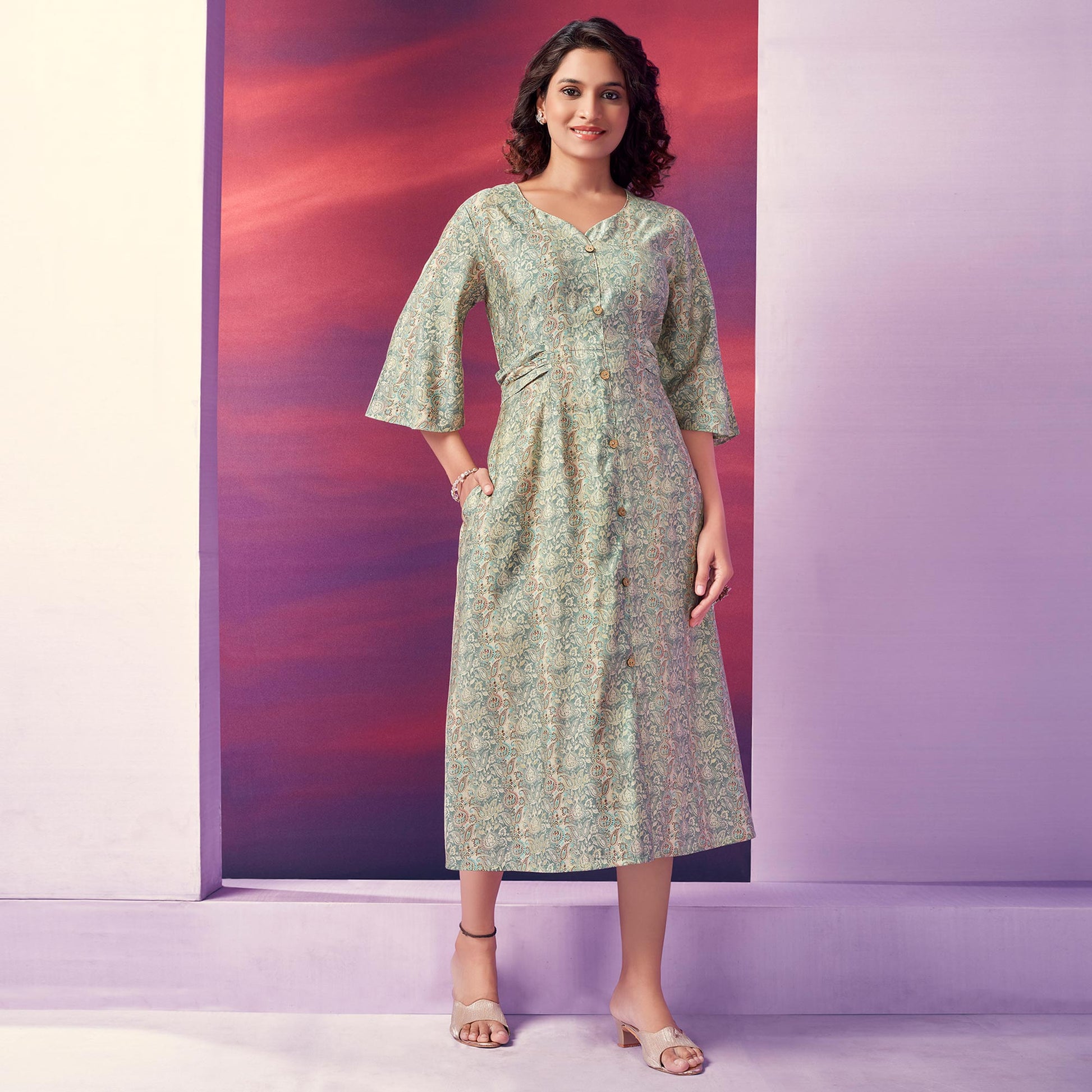 green-floral-foil-printed-chanderi-silk-dress