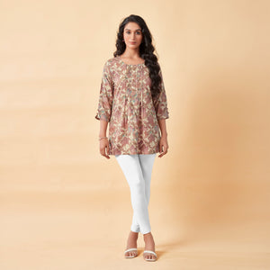Brown Floral Foil Printed Rayon Top
