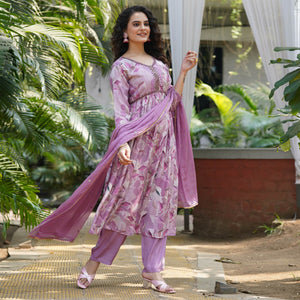 Lavender Muslin Digital Printed Alia Cut Suit With Beads Handcraft