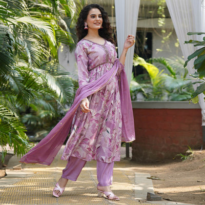 Lavender Muslin Digital Printed Alia Cut Suit With Beads Handcraft