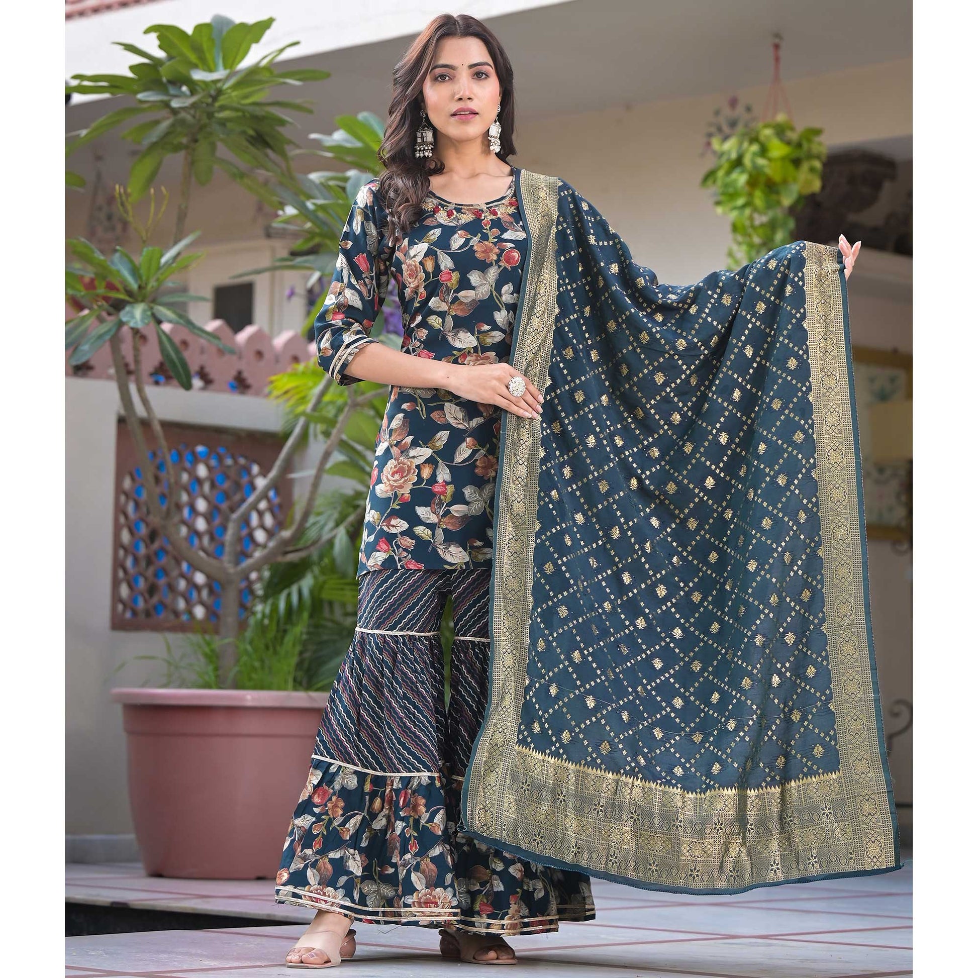 green-floral-foil-printed-rayon-sharara-suit-with-handcrafted