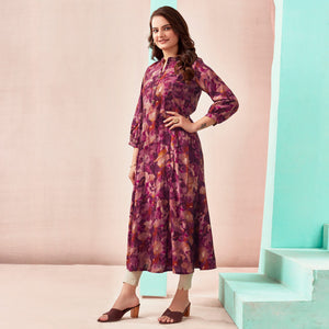 Maroon A-Line Printed Chanderi Silk Dress