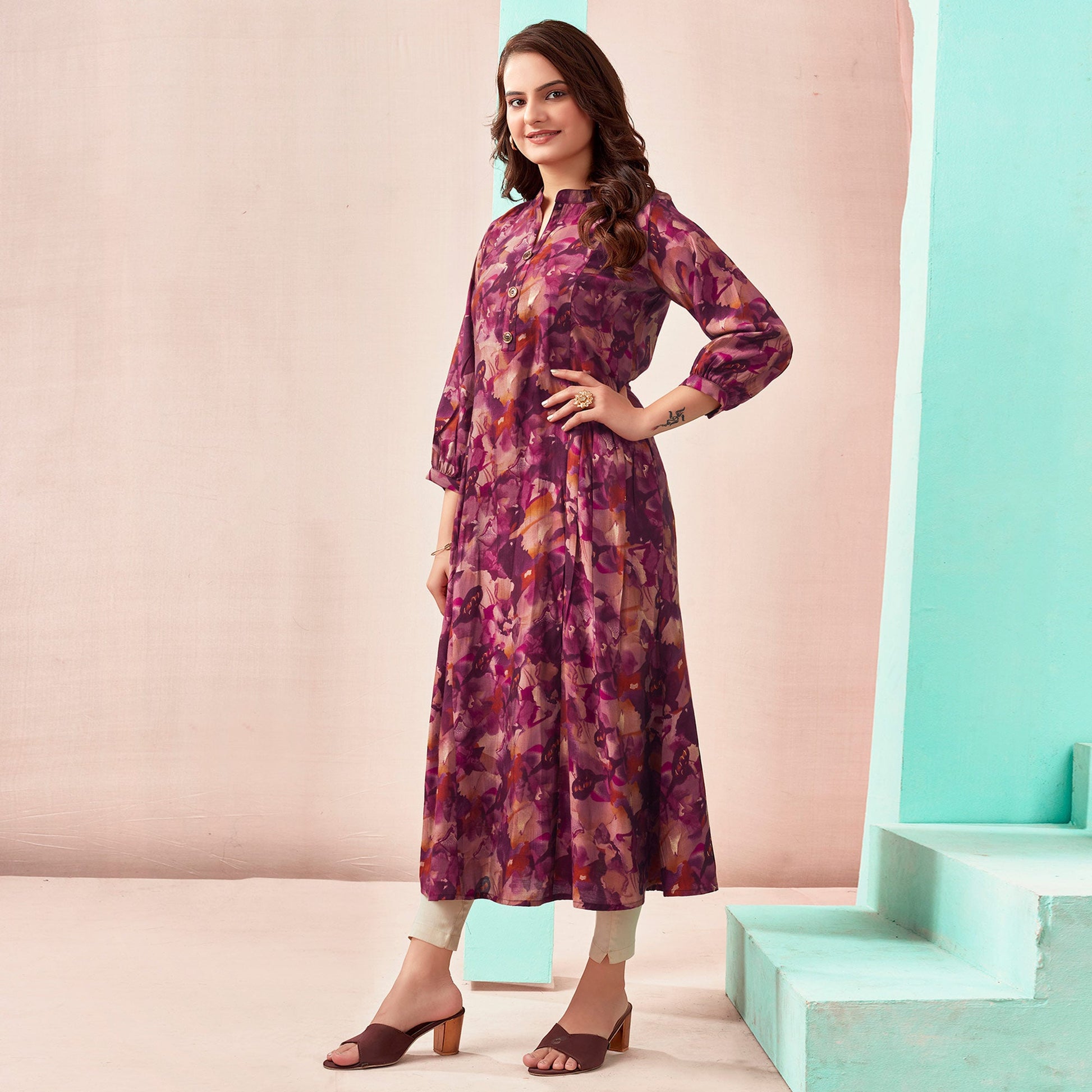 Maroon A-Line Printed Chanderi Silk Dress