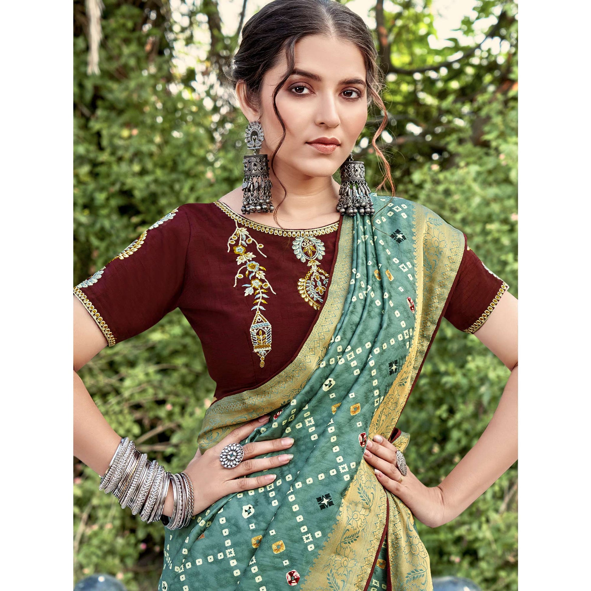 green-bandhani-printed-dola-silk-saree