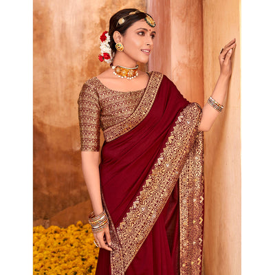 Maroon Solid With Jacquard Border Vichitra Silk Saree