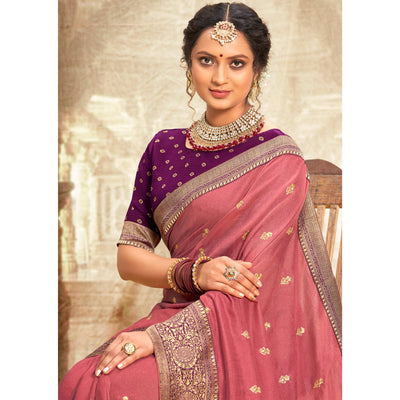 Cherry Pink Floral Zari Weaving Vichitra Silk Saree