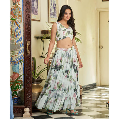 green-white-floral-printed-georgette-crop-top-lehenga