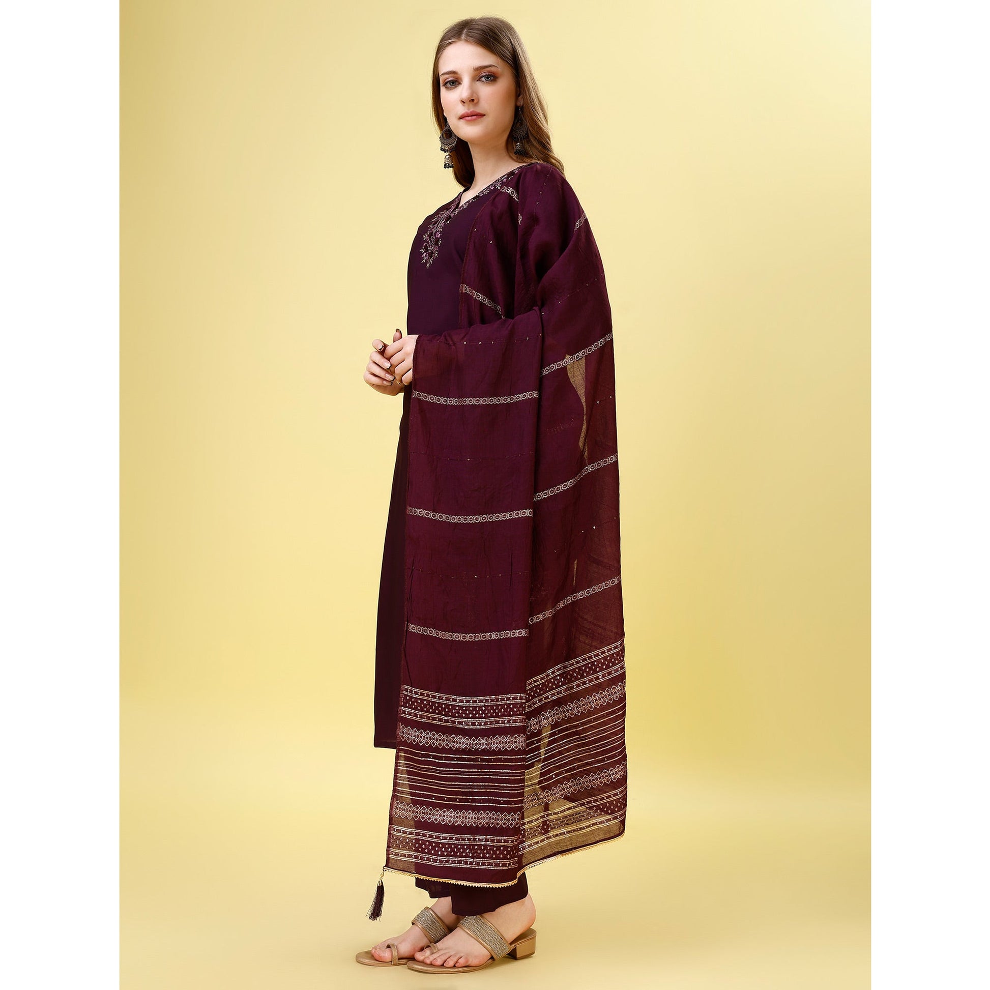 Dark Wine Mirror Embroidered Viscose Salwar Suit