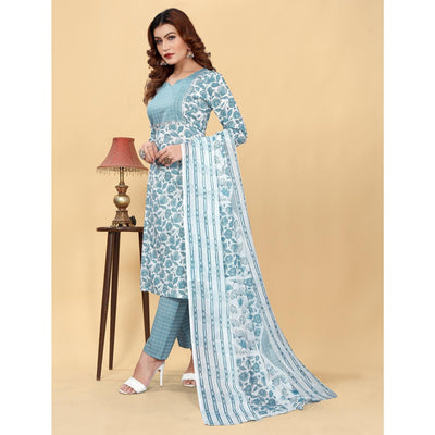 Greyish Blue Floral Printed Cotton Blend Salwar Suit