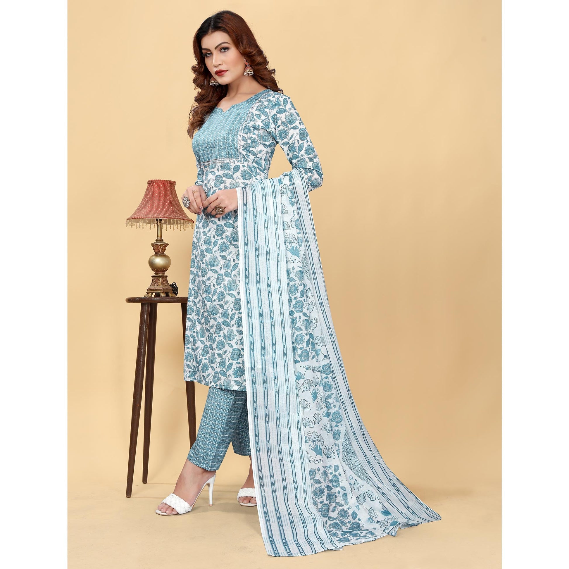 Greyish Blue Floral Printed Cotton Blend Salwar Suit