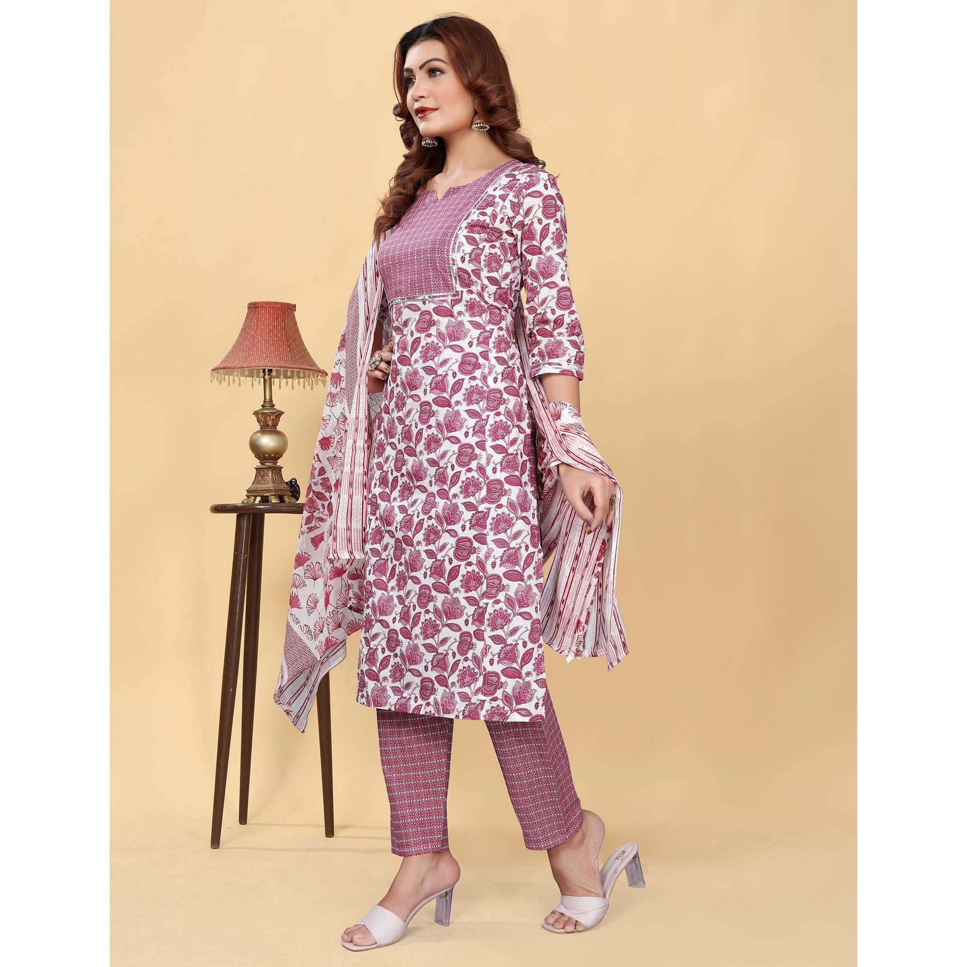 Light Wine Floral Printed Cotton Blend Salwar Suit
