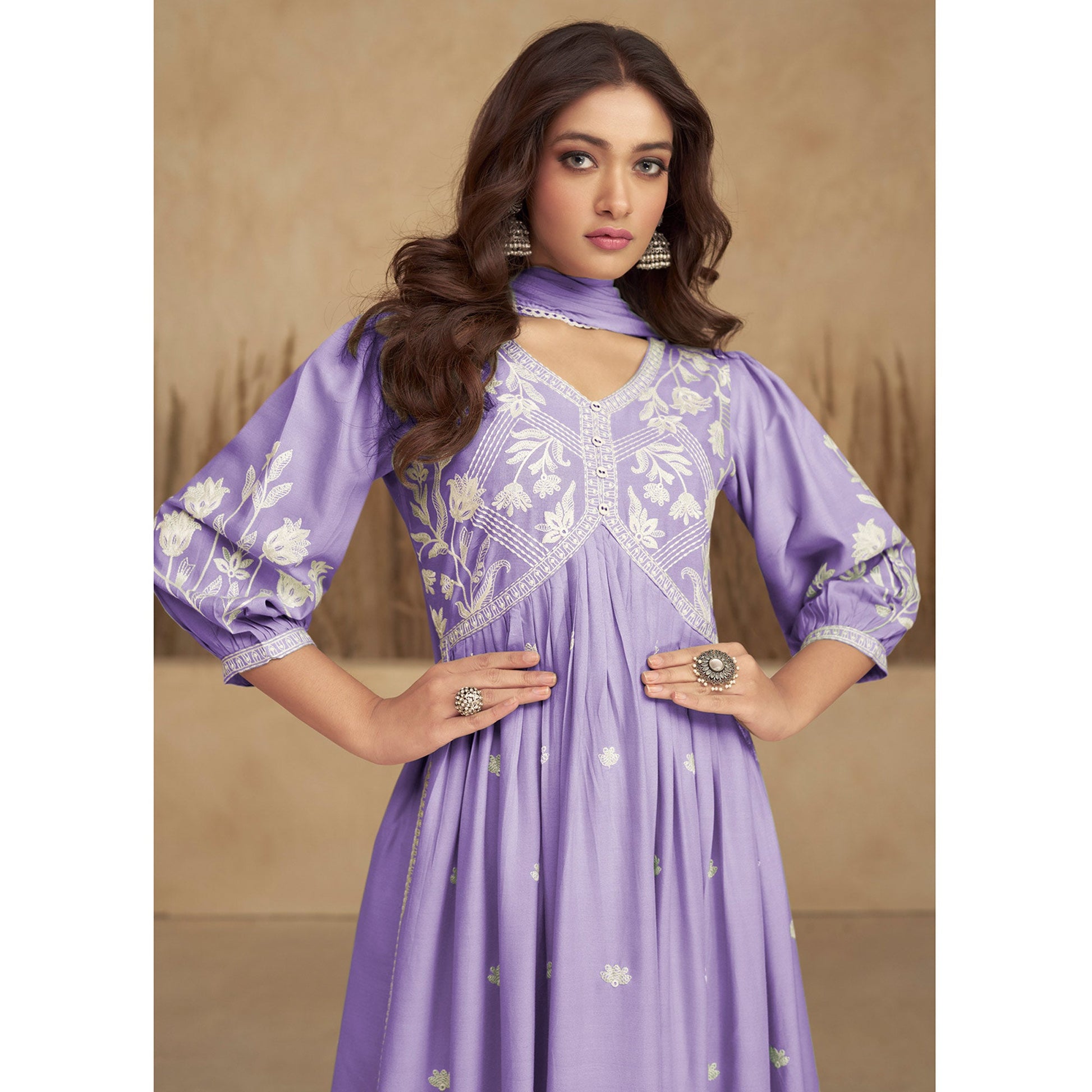 Light Purple Lucknowi Embroidered Rayon Alia Cut Suit