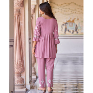 Light Pink Floral Embroidered Rayon Co Ord Set