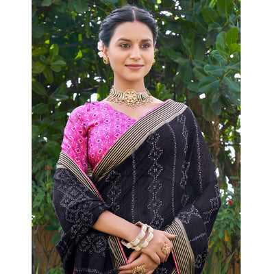 Dark Navy Blue Printed Chiffon Saree