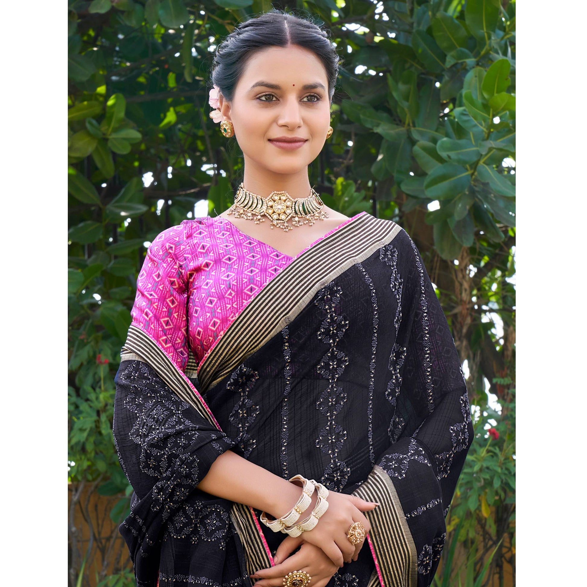 Dark Navy Blue Printed Chiffon Saree