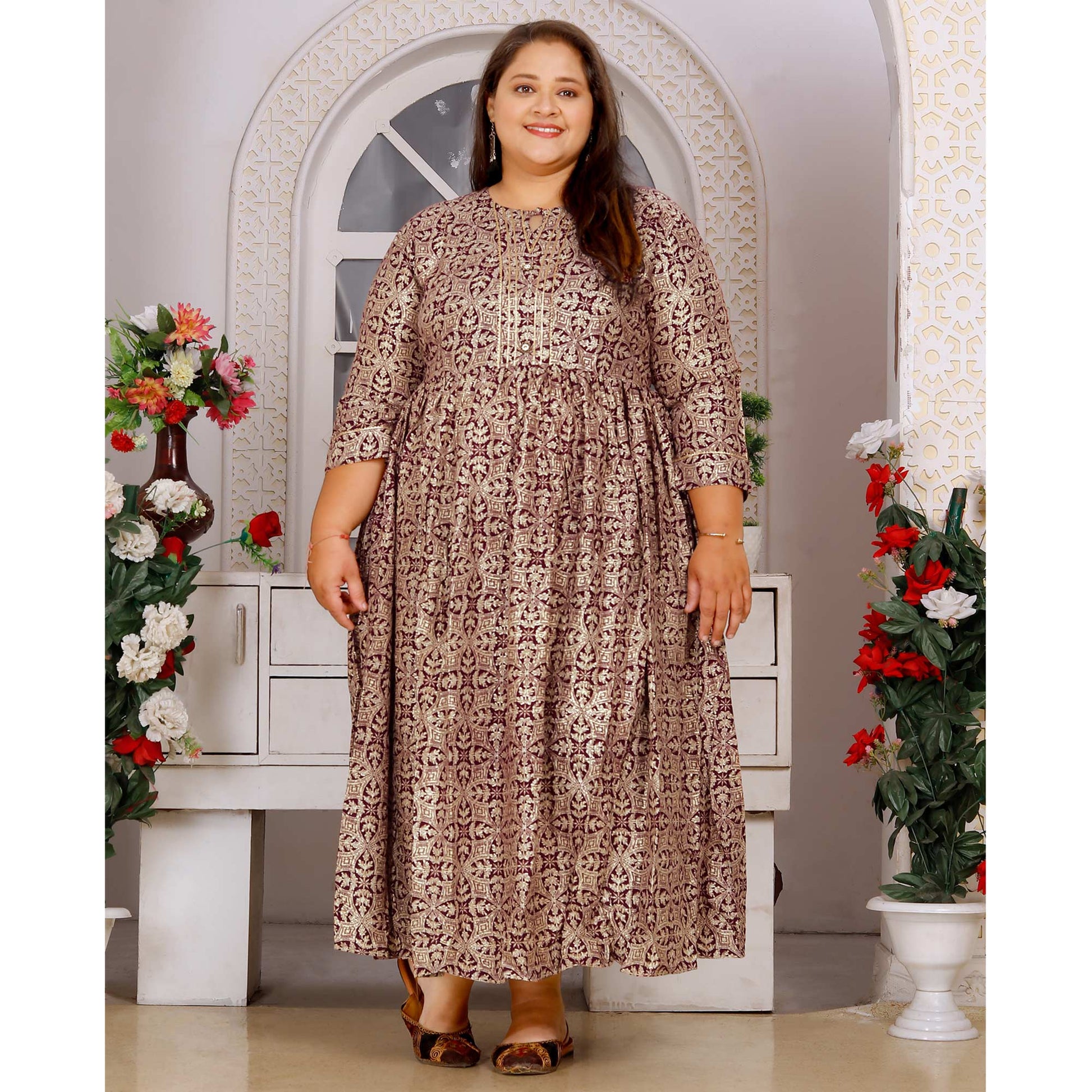 Maroon Floral Printed Rayon Long Kurti