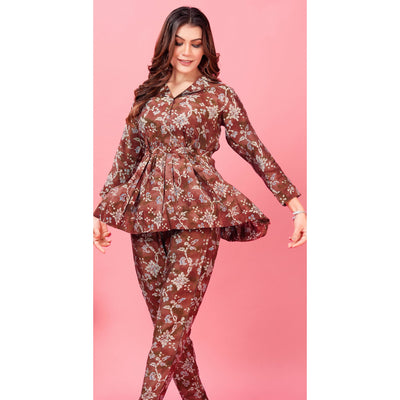 Brown Floral Printed Chanderi Co Ord Set