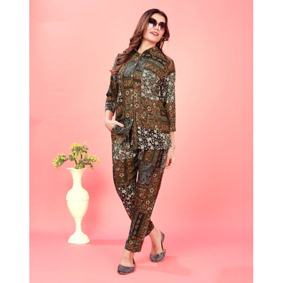 Brown Floral Printed Rayon Co Ord Set