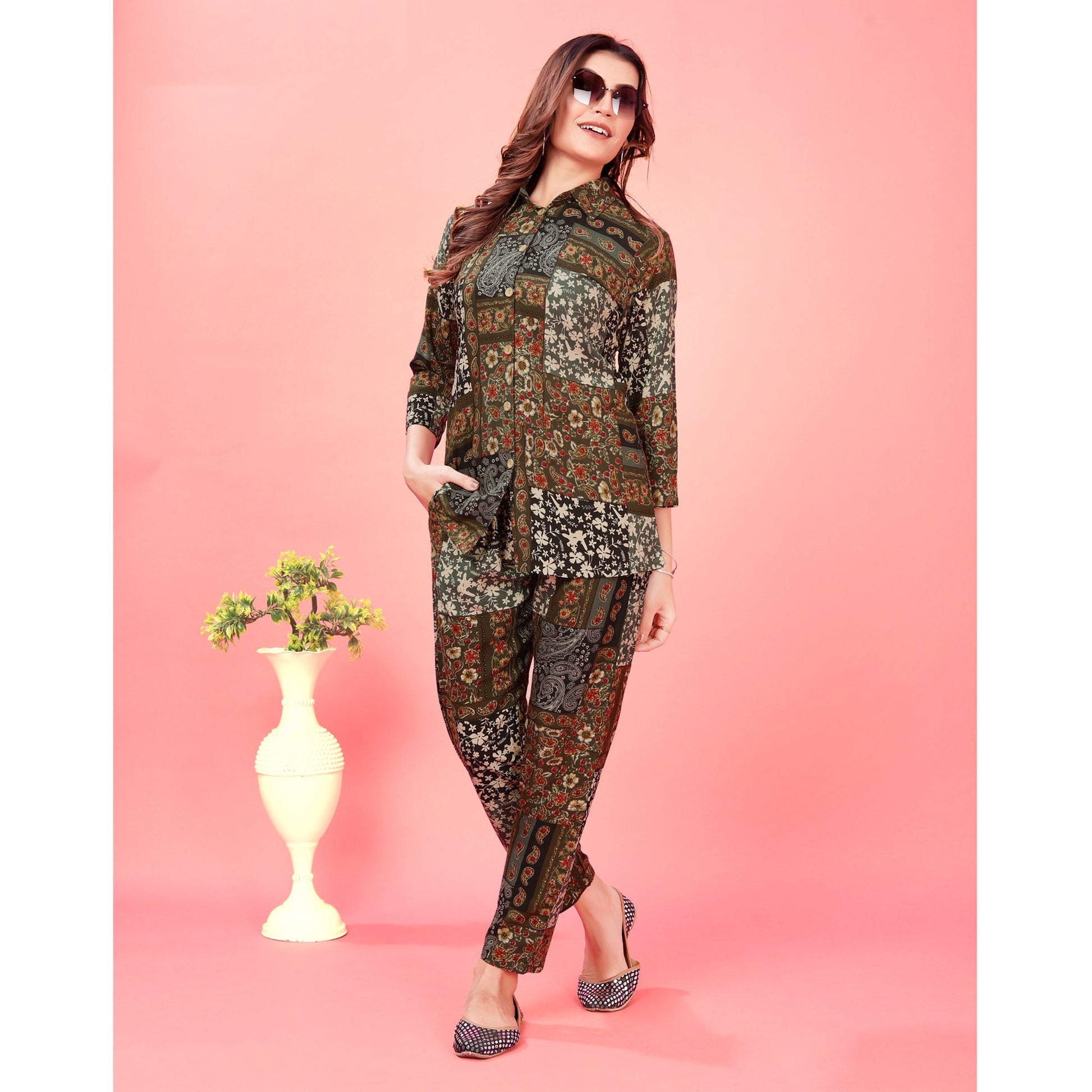 Brown Floral Printed Rayon Co Ord Set