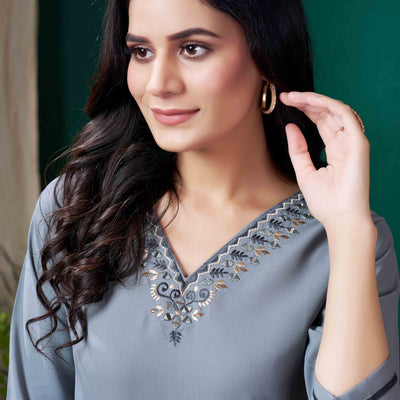 Grey Yoke Embroidered Pure Cotton Straight Kurti
