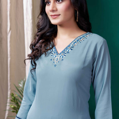 Blue Yoke Embroidered Pure Cotton Straight Kurti