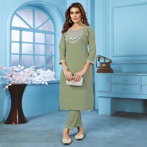 green-sequins-embroidered-cotton-blend-kurti-pant-set-1