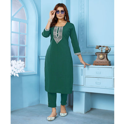 green-sequins-embroidered-cotton-blend-kurti-pant-set
