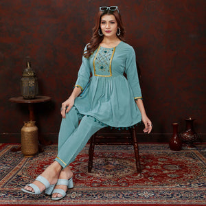 Dusty Turquoise Embroidered Cotton Blend Co Ord Set