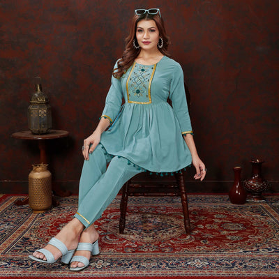Dusty Turquoise Embroidered Cotton Blend Co Ord Set