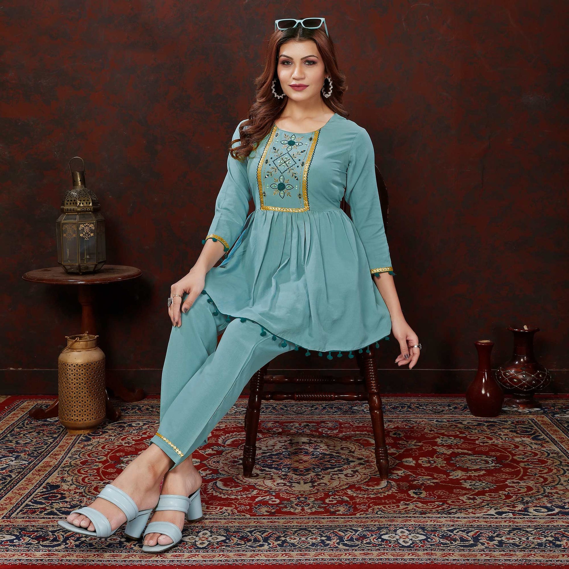 Dusty Turquoise Embroidered Cotton Blend Co Ord Set
