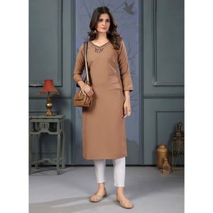 Brown Solid With Mirror Embroidered Cotton Blend Kurti