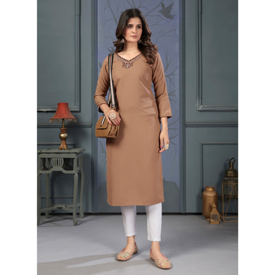 Brown Solid With Mirror Embroidered Cotton Blend Kurti