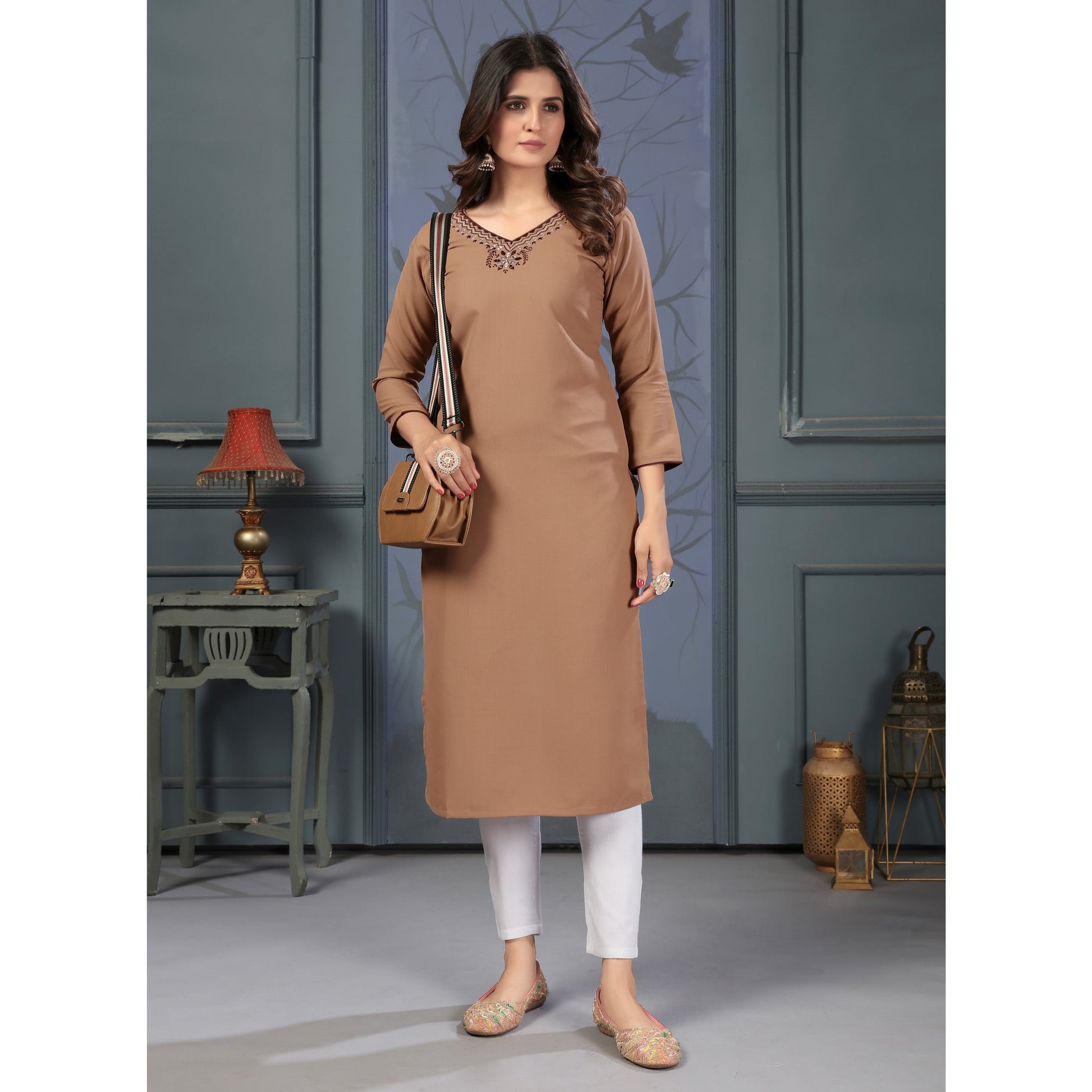 Brown Solid With Mirror Embroidered Cotton Blend Kurti