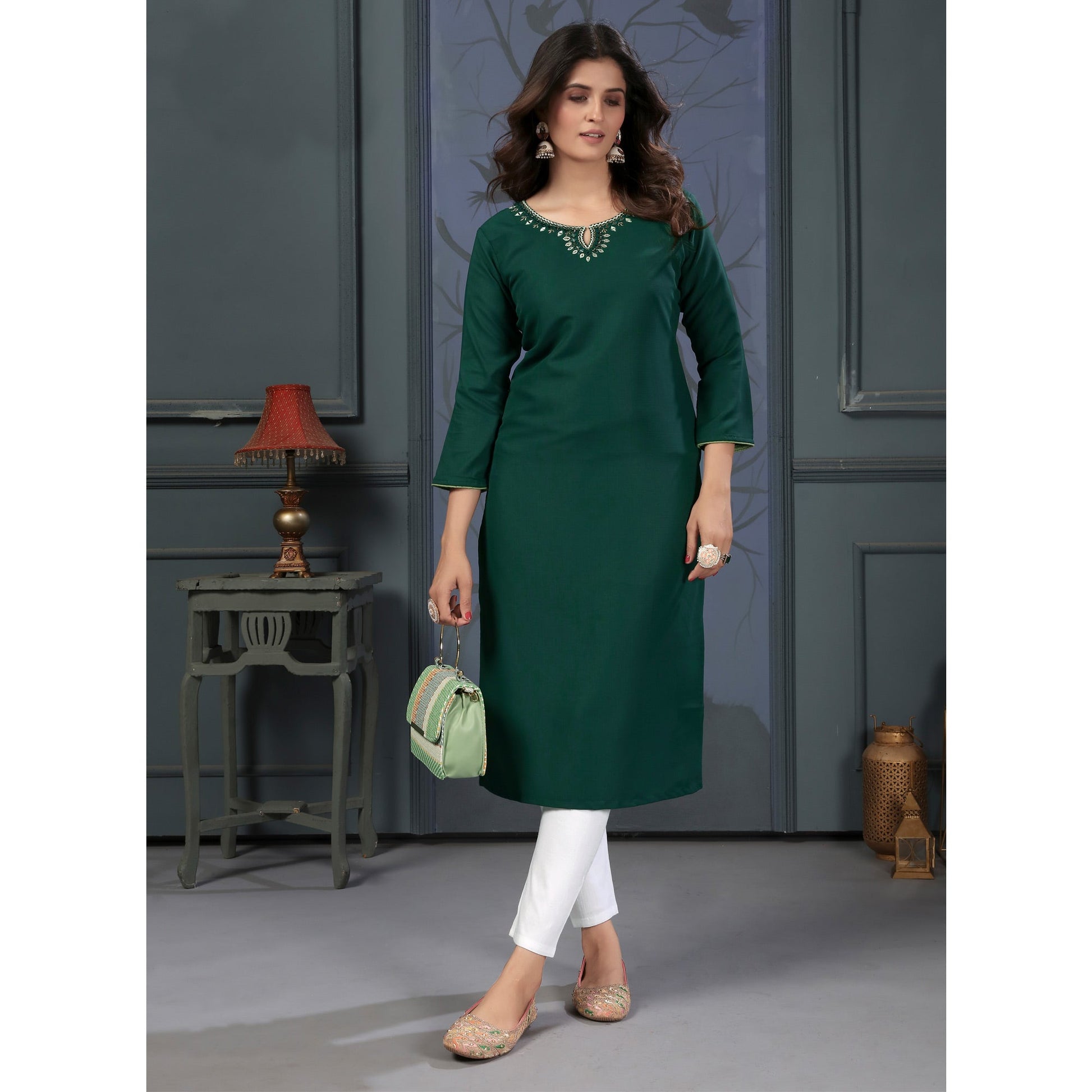 green-solid-with-mirror-embroidered-cotton-blend-kurti