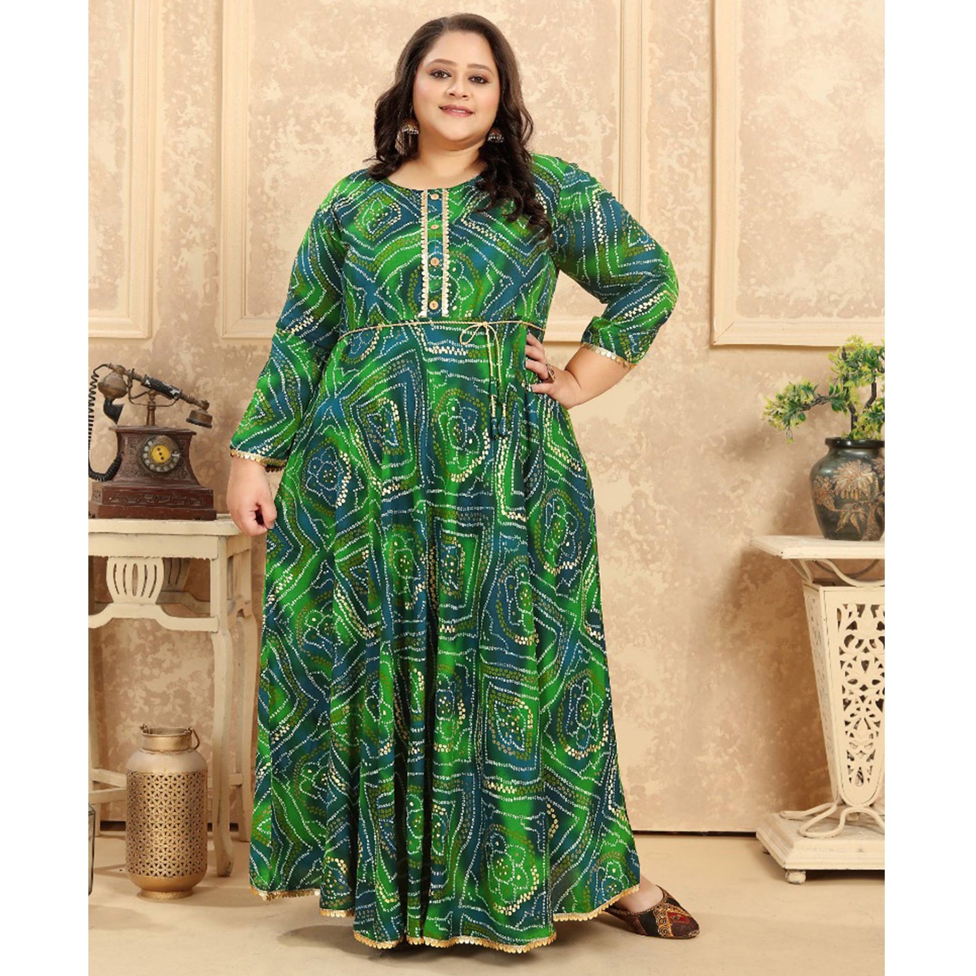 green-bandhani-printed-rayon-long-kurti