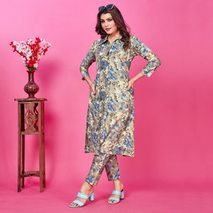 Cream Floral Foil Printed Rayon Co-Ord Set
