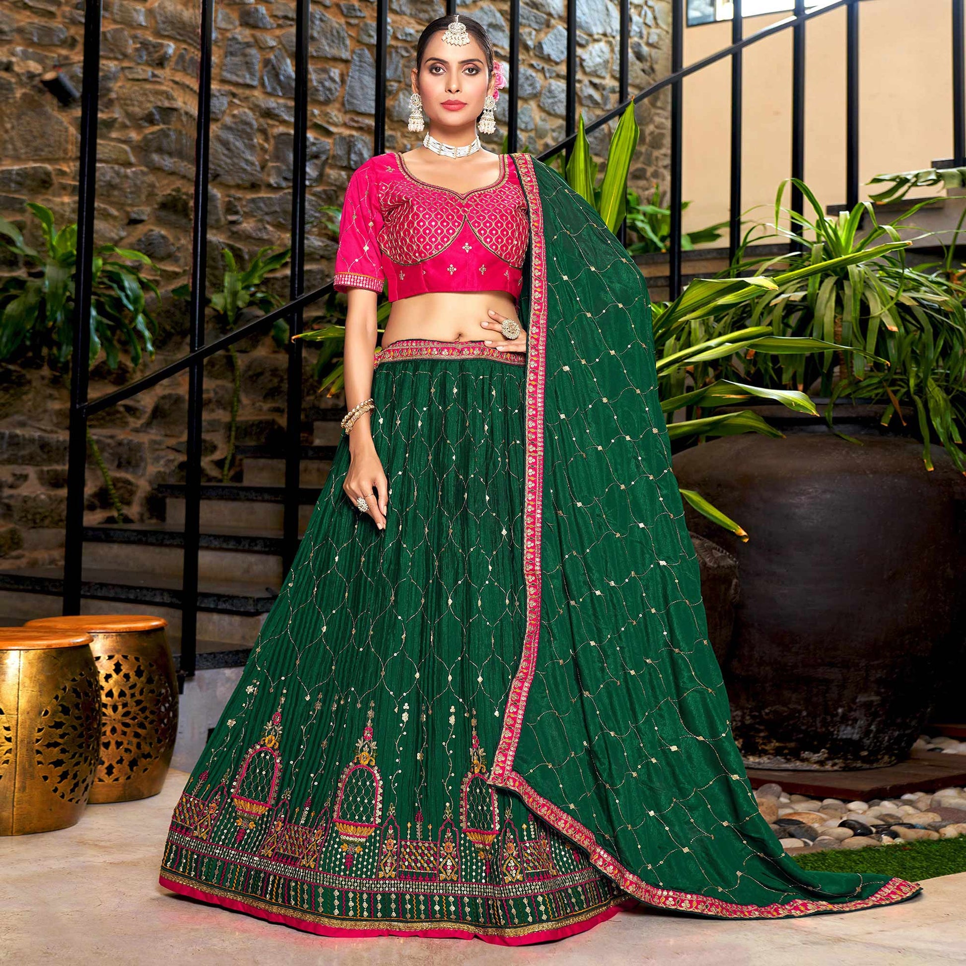 green-sequins-embroidered-chiffon-lehenga-choli