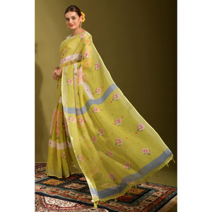 green-floral-digital-printed-linen-saree-with-tassels-1