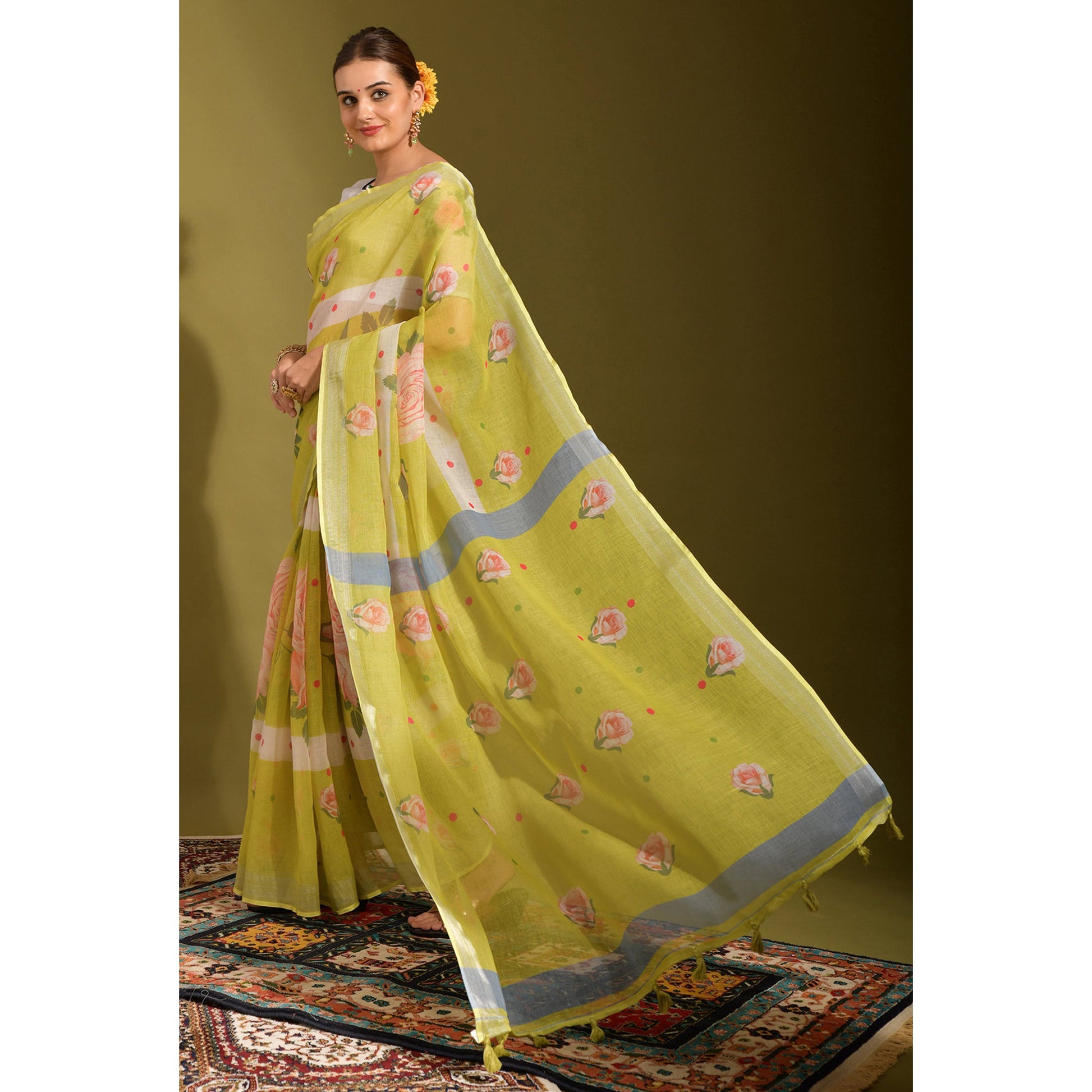 green-floral-digital-printed-linen-saree-with-tassels-1