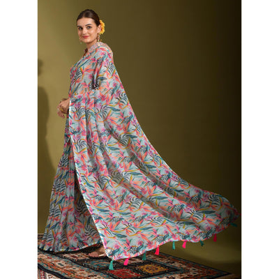 Multicolor Floral Digital Printed Linen Saree With Tassels